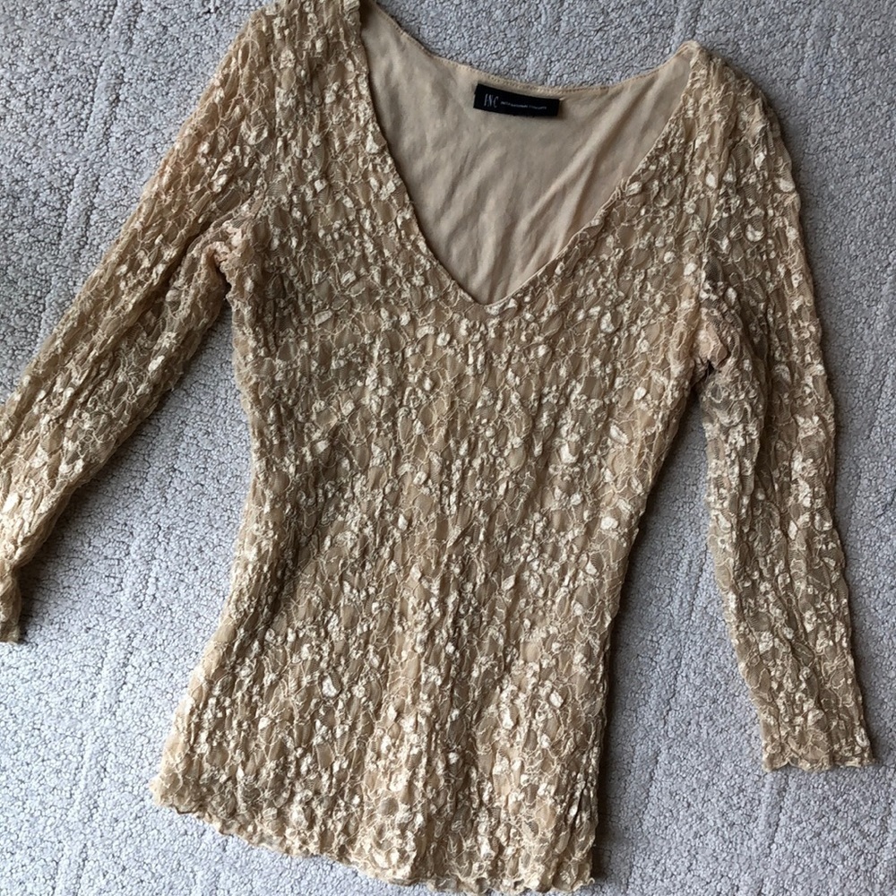 INC Pretty lacy stretchy pale yellow top - Picture 4 of 7